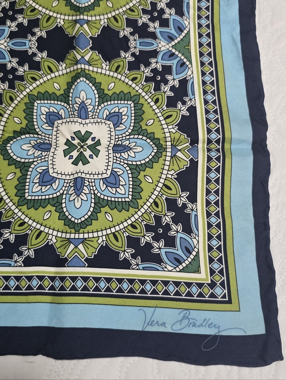 Vera Bradley 100% Silk Navy, Light Blue Green Paisley Floral Scarf, 27" Square - Picture 6 of 10